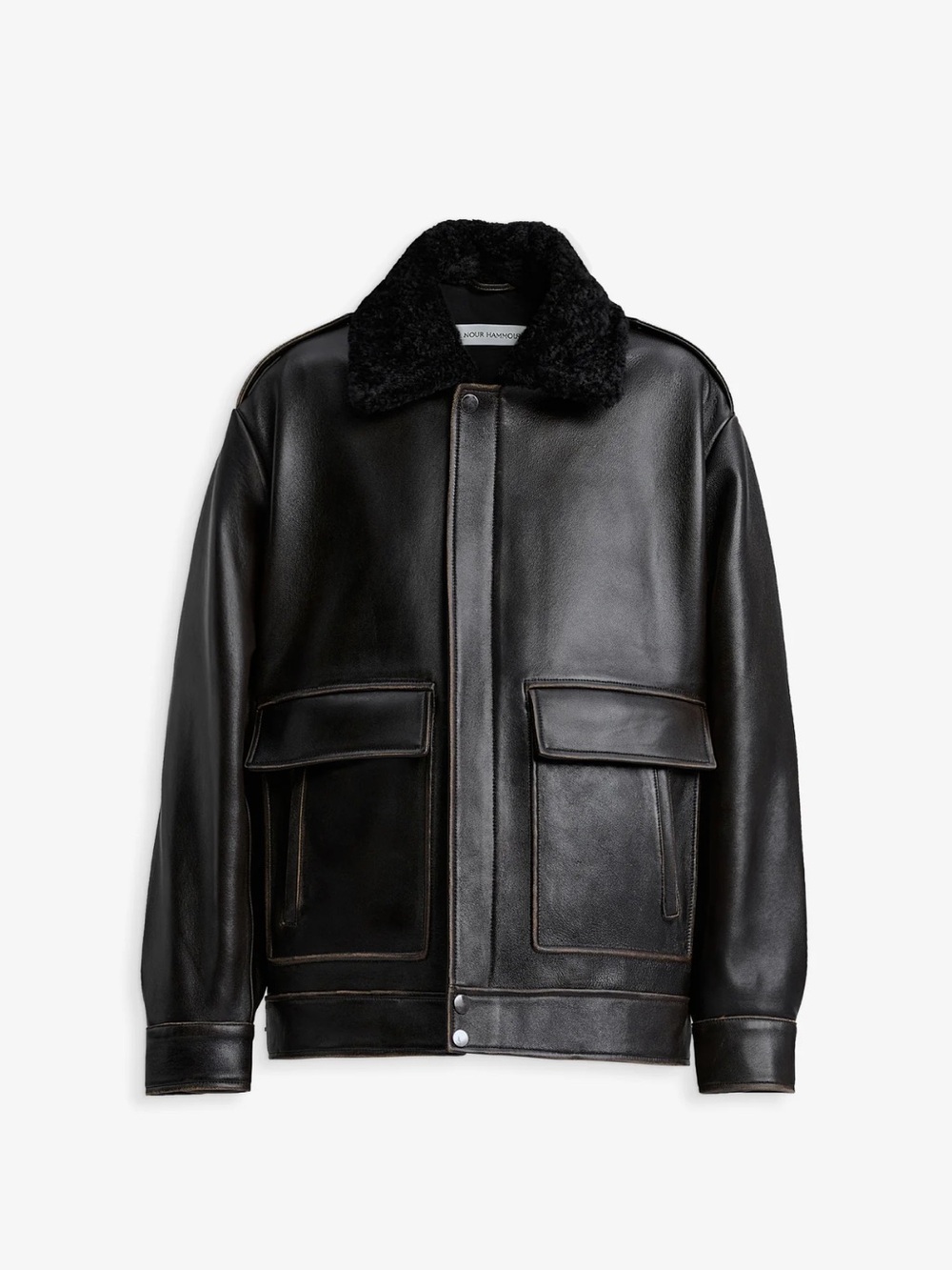 Nour Hammour Drey Shearling Collar Leather Jacket In distressed leather
